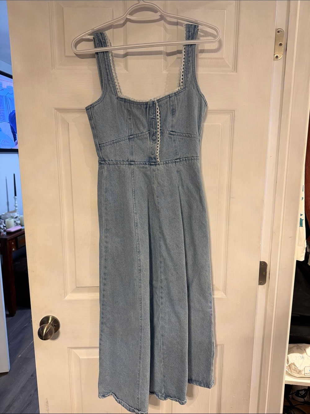 Wayf Light Blue Denim Midi Dress - Square Neck
